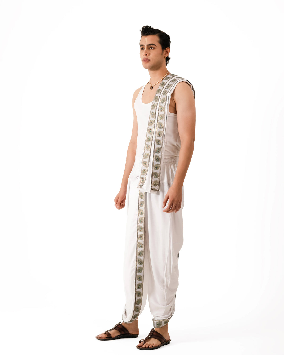Traditional White Pant style Dhoti Set With Mor Pankh Pattern