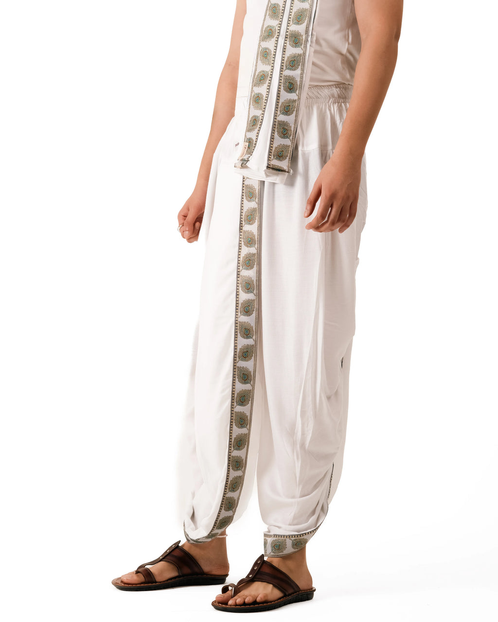 Traditional White Pant style Dhoti Set With Mor Pankh Pattern