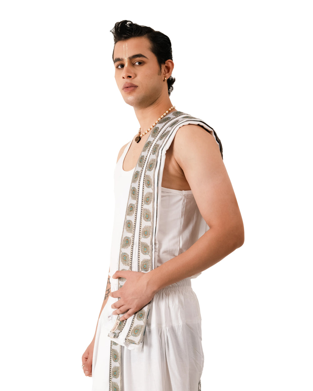 Traditional White Pant style Dhoti Set With Mor Pankh Pattern