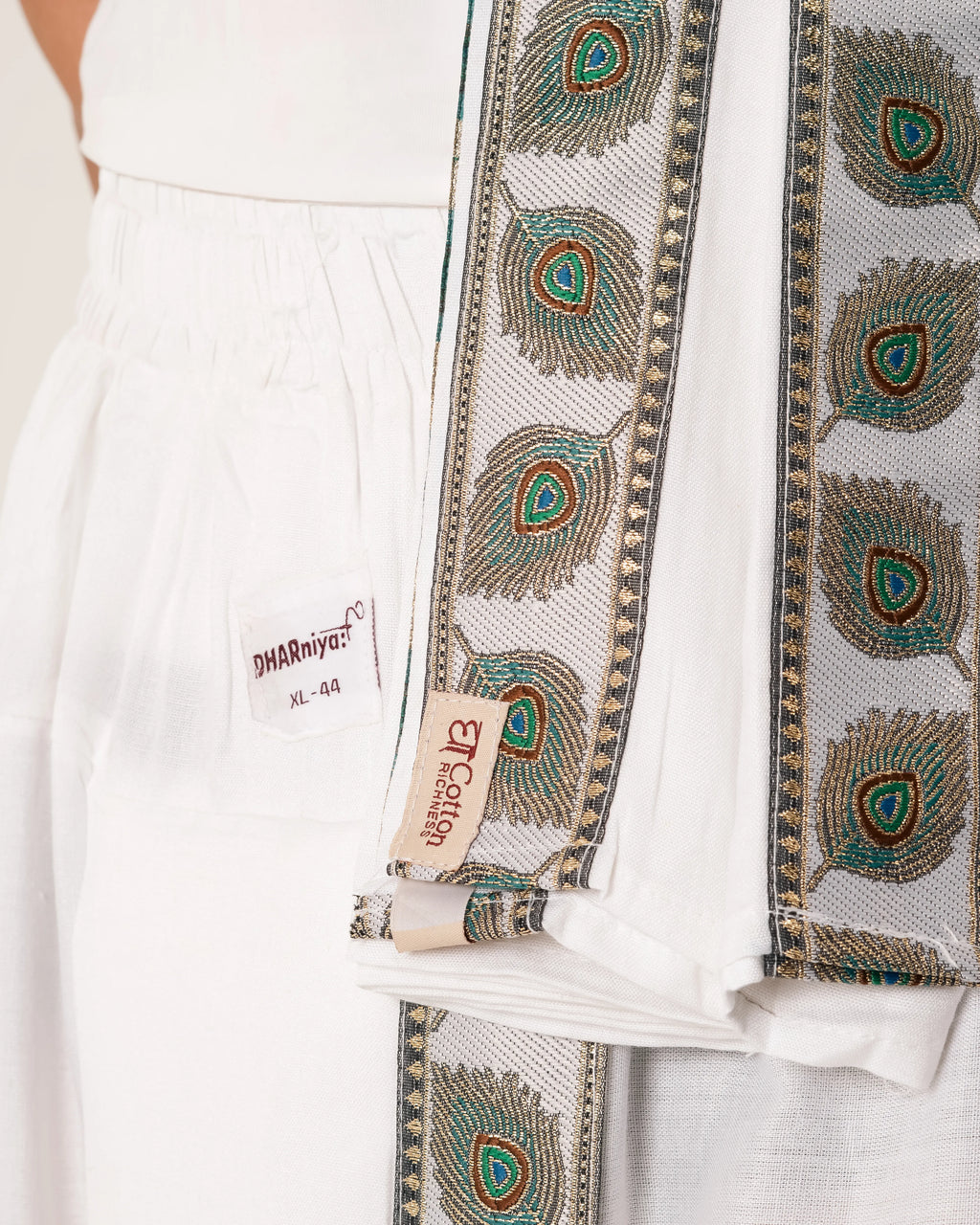Traditional White Pant style Dhoti Set With Mor Pankh Pattern